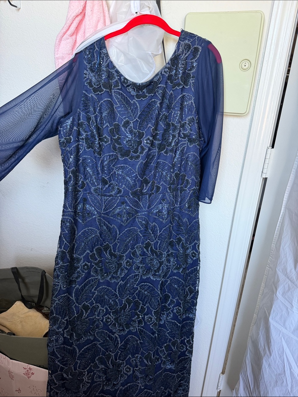 Alex Evenings Navy Beaded Floral Lace Long Sleeve Gown